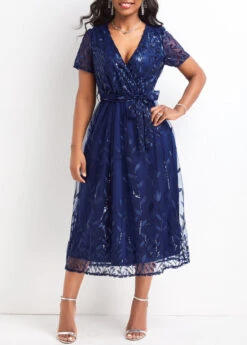 Blue Mesh Belted Short Sleeve V Neck Dress -Modlily Shop 328741 P 16798808876753