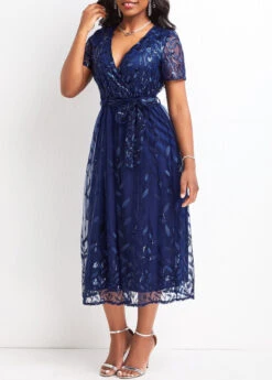 Blue Mesh Belted Short Sleeve V Neck Dress -Modlily Shop 328741 P 16798808877242