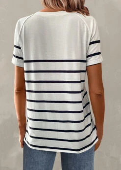 White Button Striped Short Sleeve T Shirt -Modlily Shop 328743 P 1678183025041