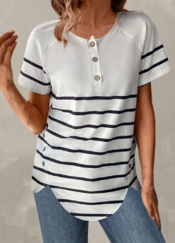 White Button Striped Short Sleeve T Shirt -Modlily Shop 328743 P 1678183025998