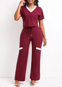 Dark Reddish Purple Patchwork Top And Pants