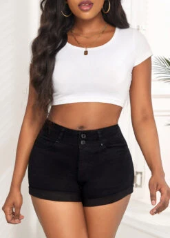 Black Pocket Skinny Zipper Fly Mid Waisted Denim Shorts -Modlily Shop 328857 P 16799800388325