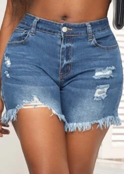 Denim Blue Pocket Skinny Zipper Fly Shorts