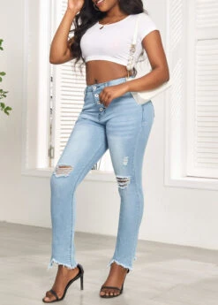 Light Blue Pocket Skinny Button Fly Jeans -Modlily Shop 328862 P 16798805255263