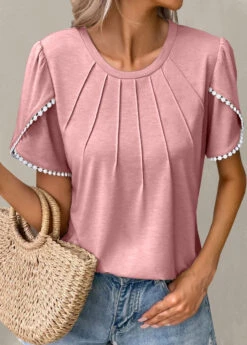 Light Pink Patchwork Short Sleeve T Shirt 7 Light Pink Patchwork Short Sleeve T Shirt -Modlily Shop 328949 P 1678347928599