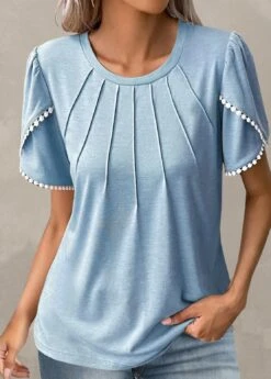 Light Blue Patchwork Short Sleeve T Shirt