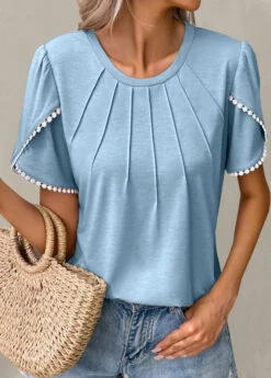 Light Blue Patchwork Short Sleeve T Shirt -Modlily Shop 328950 P 1678347947387