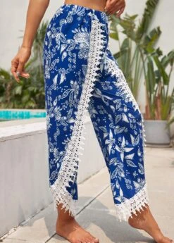 Blue Patchwork Tribal Print Elastic Waist Pants -Modlily Shop 328953 P 16823240675055