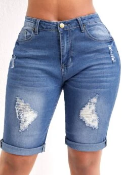 Blue Pocket Skinny Zipper Fly Mid Waisted Denim Shorts -Modlily Shop 328964 P 16790469374282