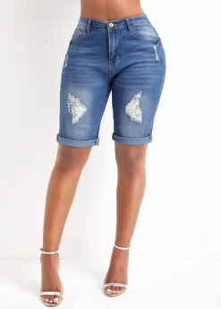 Blue Pocket Skinny Zipper Fly Mid Waisted Denim Shorts -Modlily Shop 328964 P 16790469378273