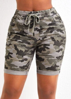 Multi Color Pocket Camouflage Print Skinny Drawastring Denim Shorts -Modlily Shop 328965 P 16883541126512