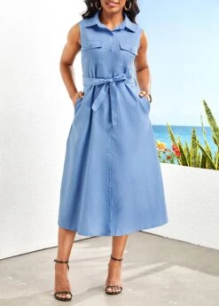 Denim Blue Button Belted Sleeveless Shirt Collar Dress -Modlily Shop 329136 P 16798980874222