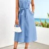 Denim Blue Button Belted Sleeveless Shirt Collar Dress -Modlily Shop 329136 P 16798980874230