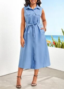 Denim Blue Button Belted Sleeveless Shirt Collar Dress -Modlily Shop 329136 P 16798980879113