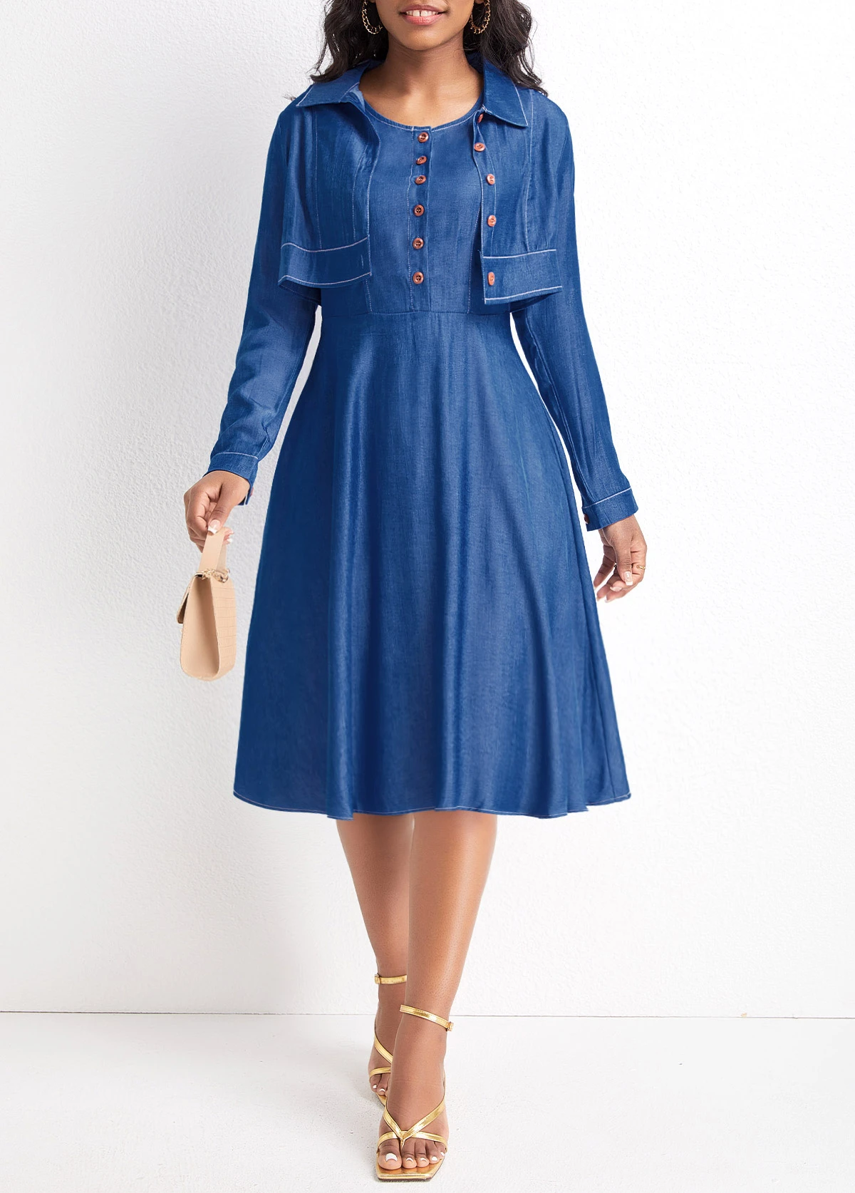 Denim Blue Two Piece Long Sleeve Dress And Cardigan 3 Denim Blue Two Piece Long Sleeve Dress And Cardigan