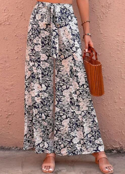 Navy Bowknot Floral Print Elastic Waist Pants -Modlily Shop 329147 P 1678689531026