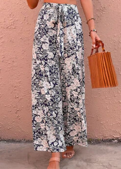 Navy Bowknot Floral Print Elastic Waist Pants -Modlily Shop 329147 P 1678689532159