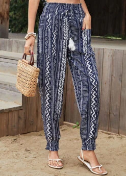 Navy Pocket Geometric Print Drawastring Jogger Pants -Modlily Shop 329149 P 1678689584824