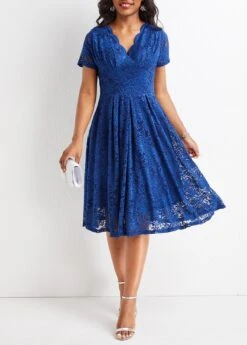 Navy Lace Short Sleeve V Neck Dress