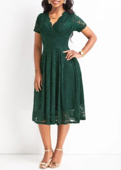Blackish Green Lace Short Sleeve V Neck Dress -Modlily Shop 329163 P 16797398734192