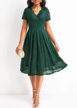 Blackish Green Lace Short Sleeve V Neck Dress