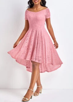 Pink Lace High Low Short Sleeve Dress -Modlily Shop 329164 P 16797398746652