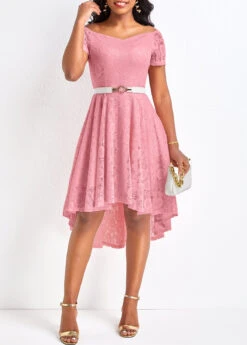 Pink Lace High Low Short Sleeve Dress