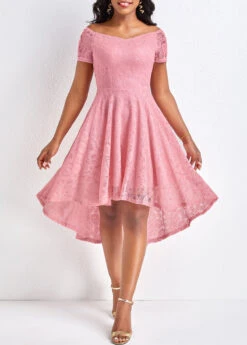 Pink Lace High Low Short Sleeve Dress -Modlily Shop 329164 P 16797398747493