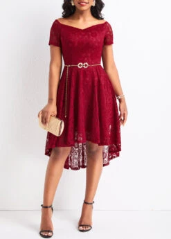 Wine Red Lace High Low Short Sleeve Dress -Modlily Shop 329165 P 16797398760742