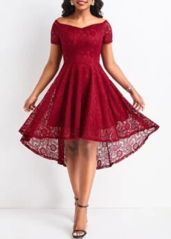 Wine Red Lace High Low Short Sleeve Dress -Modlily Shop 329165 P 16797398764193