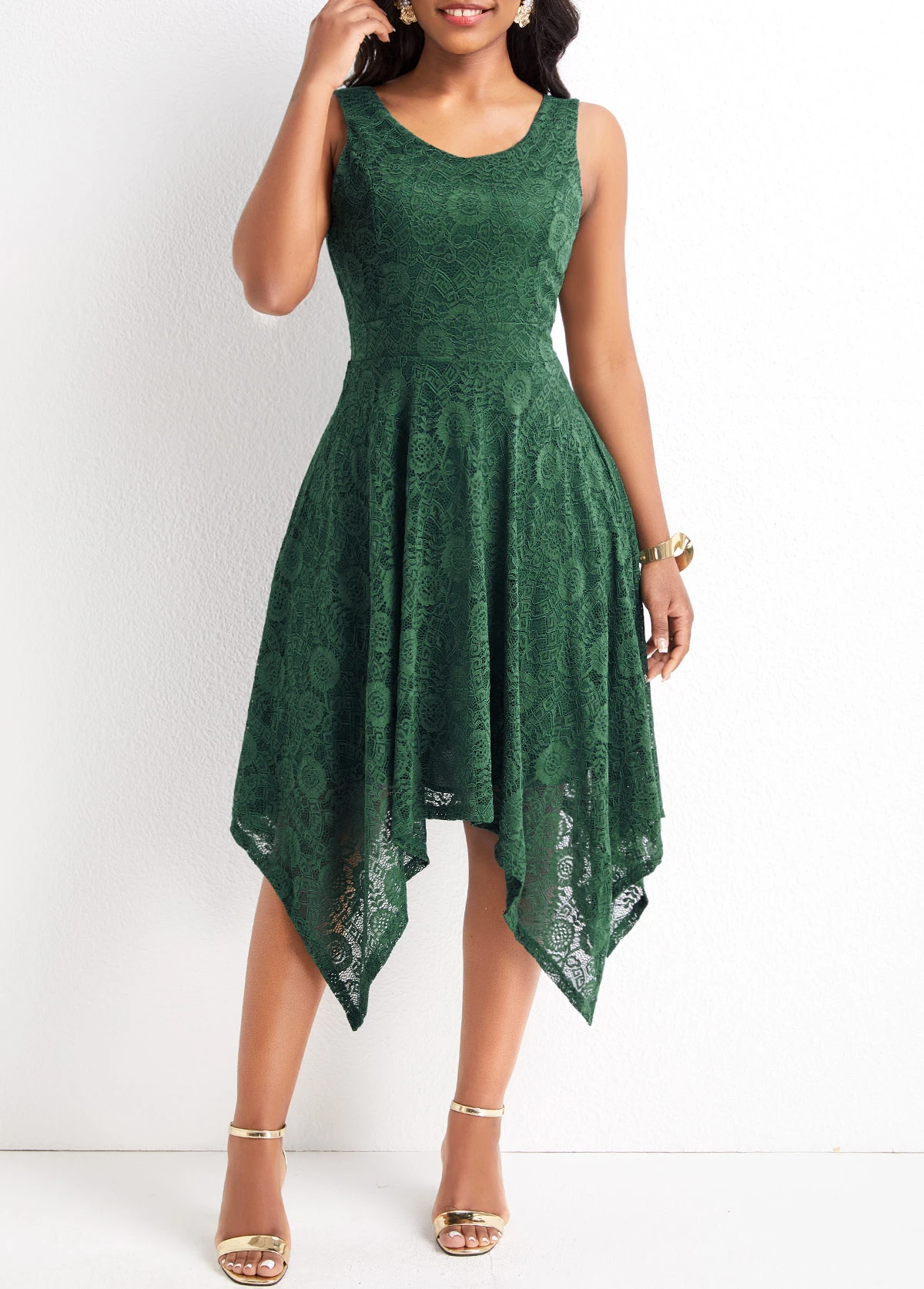 Blackish Green Lace High Low Sleeveless Dress 6 Blackish Green Lace High Low Sleeveless Dress - Image 4
