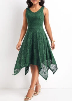 Blackish Green Lace High Low Sleeveless Dress 8 Blackish Green Lace High Low Sleeveless Dress -Modlily Shop 329167 P 16799989144802