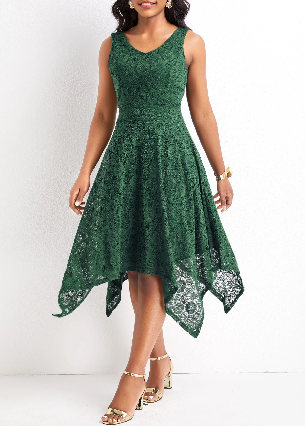 Blackish Green Lace High Low Sleeveless Dress 5 Blackish Green Lace High Low Sleeveless Dress - Image 3