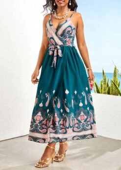 Blackish Green Wrap Tribal Print Belted Maxi Dress -Modlily Shop 329182 P 16798996805474