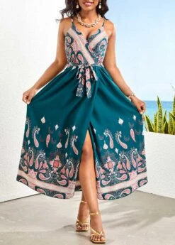 Blackish Green Wrap Tribal Print Belted Maxi Dress -Modlily Shop 329182 P 16798996807870