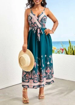 Blackish Green Wrap Tribal Print Belted Maxi Dress