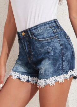 Denim Blue Lace Skinny Zipper Fly Shorts -Modlily Shop 329272 P 16805995583343