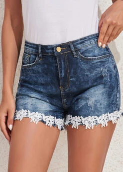 Denim Blue Lace Skinny Zipper Fly Shorts -Modlily Shop 329272 P 16805995588032