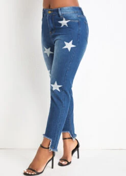Denim Blue Pocket Star Print Regular Jeans -Modlily Shop 329328 P 16807809941502