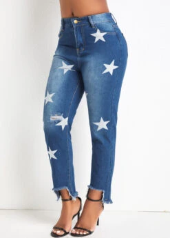 Denim Blue Pocket Star Print Regular Jeans -Modlily Shop 329328 P 16807809946883