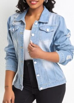 Light Blue Pocket Long Sleeve Shirt Collar Jacket -Modlily Shop 329331 P 16807809141152