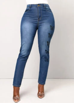 Denim Blue Pocket Butterfly Print Skinny Jeans -Modlily Shop 329334 P 1678849127186