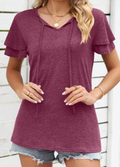 Wine Red Layered Short Sleeve T Shirt -Modlily Shop 329384 P 1678858054020