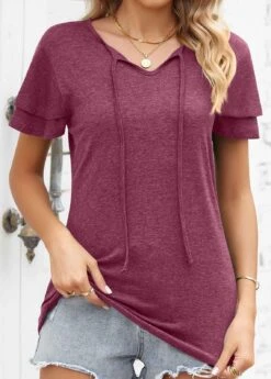 Wine Red Layered Short Sleeve T Shirt -Modlily Shop 329384 P 1678858054313