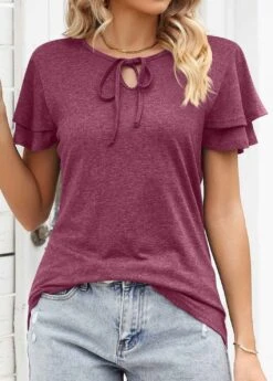 Wine Red Layered Short Sleeve T Shirt -Modlily Shop 329384 P 1678858055513
