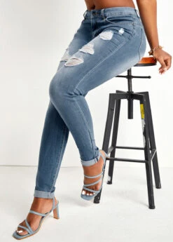 Denim Blue Hole Skinny Zipper Fly Jeans -Modlily Shop 329388 P 16808299915863