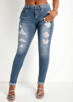 Denim Blue Hole Skinny Zipper Fly Jeans -Modlily Shop 329388 P 16808299916570