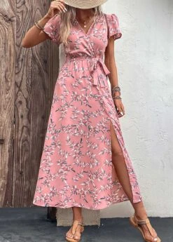 Pink Split Leaf Print Belted Maxi Dress -Modlily Shop 329392 P 16818030893485