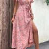 Pink Split Leaf Print Belted Maxi Dress