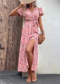 Pink Split Leaf Print Belted Maxi Dress -Modlily Shop 329392 P 16818030897414